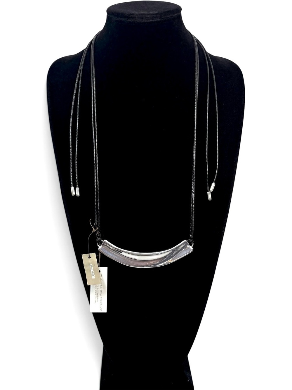 Chico’s Silver Bar Black Cord Adjustable Necklace 18–36” NWT